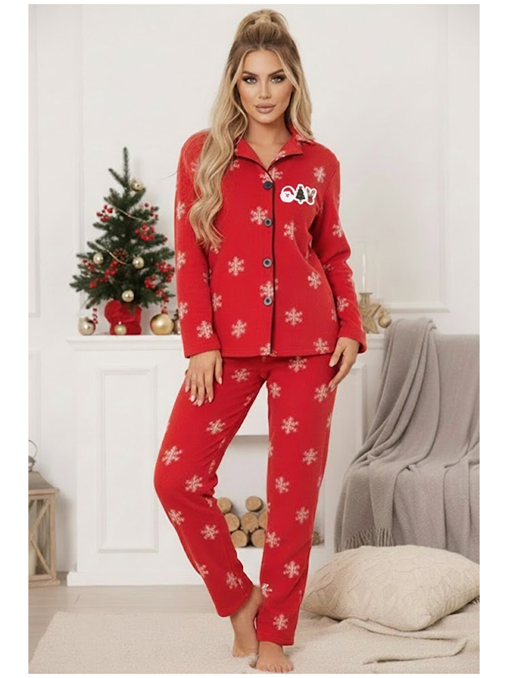 Kırmızı Yılbaşı Temalı Nakışlı Kar Tanesi Desenli Polar Kışlık Örme Pijama Takım-1