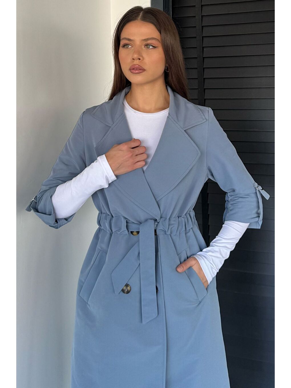 İndigo Bel Büzgülü Kuşaklı Kadın Trençkot-3