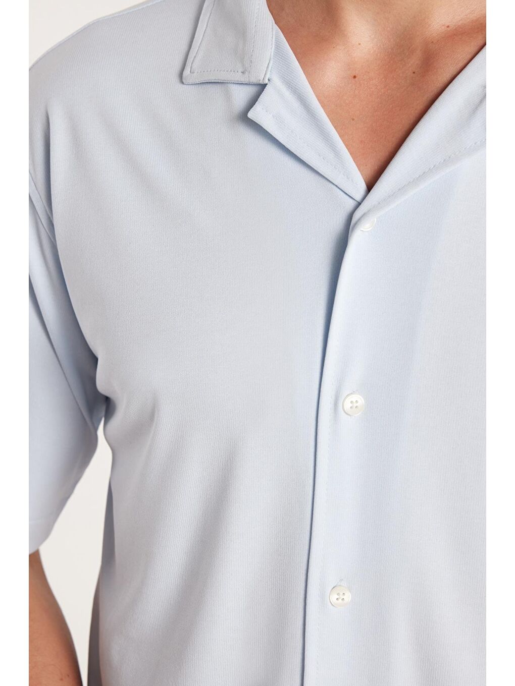 Erkek Relax Fit Modal Kumaş Örme Premium Seri Kısa Kol Apaş Yaka Mavi Gömlek-2