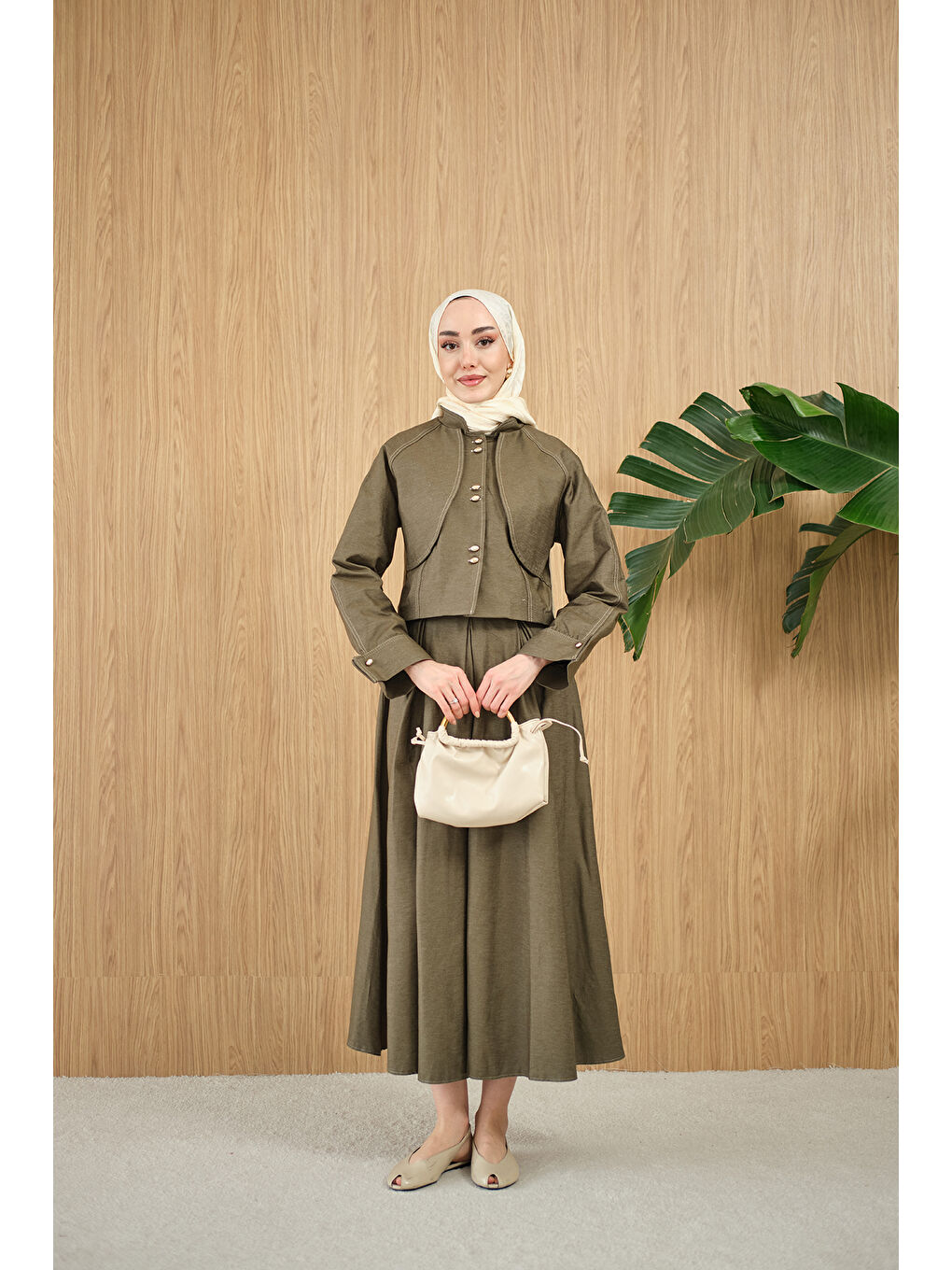 Kadın Pelerin Detay Gold Düğmeli Jean Takım Yeşil-4