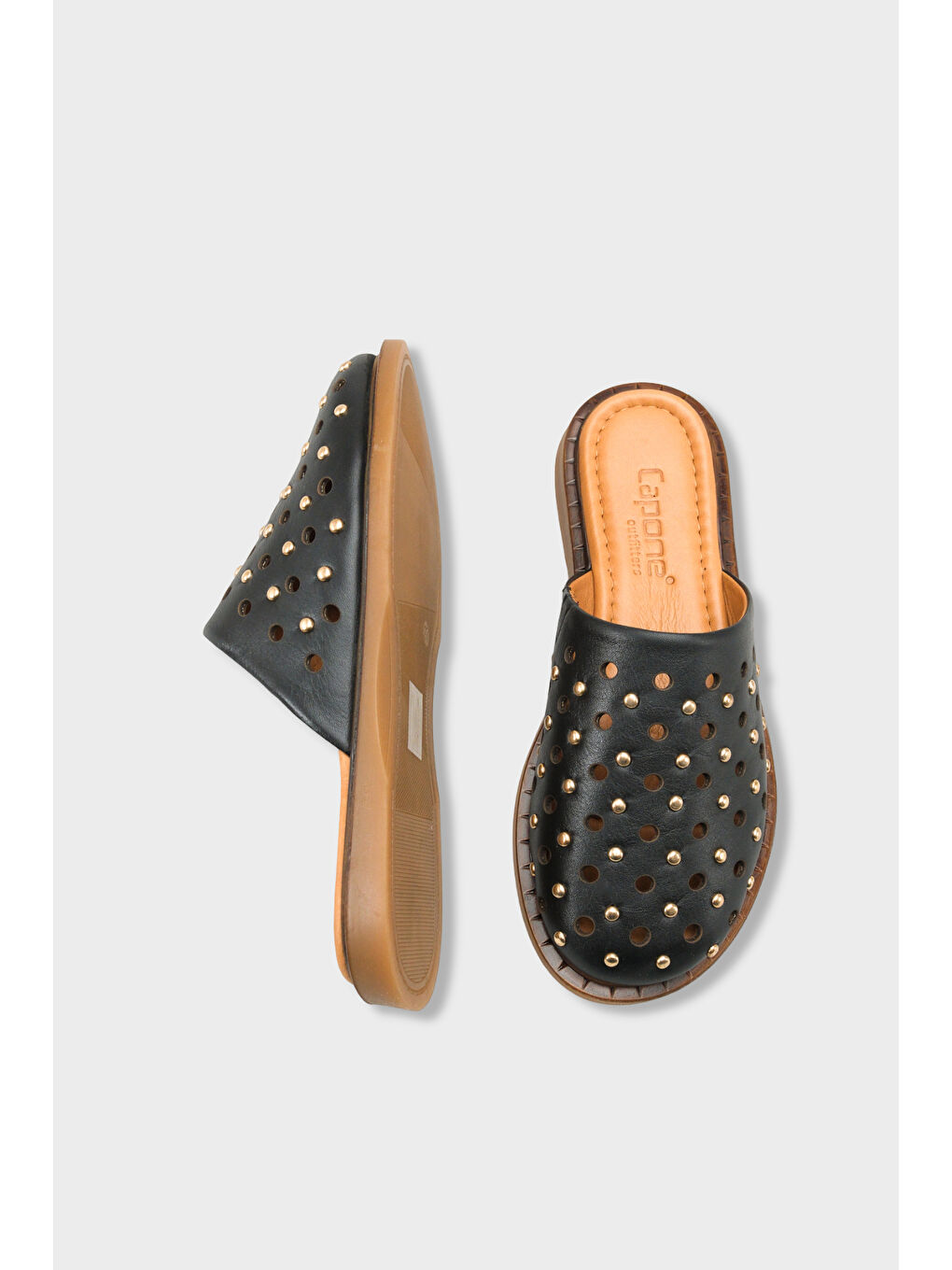 Siyah Lidia Hakiki Deri Düz Topuklu Zımbalı Kadın Sabo Terlik-4