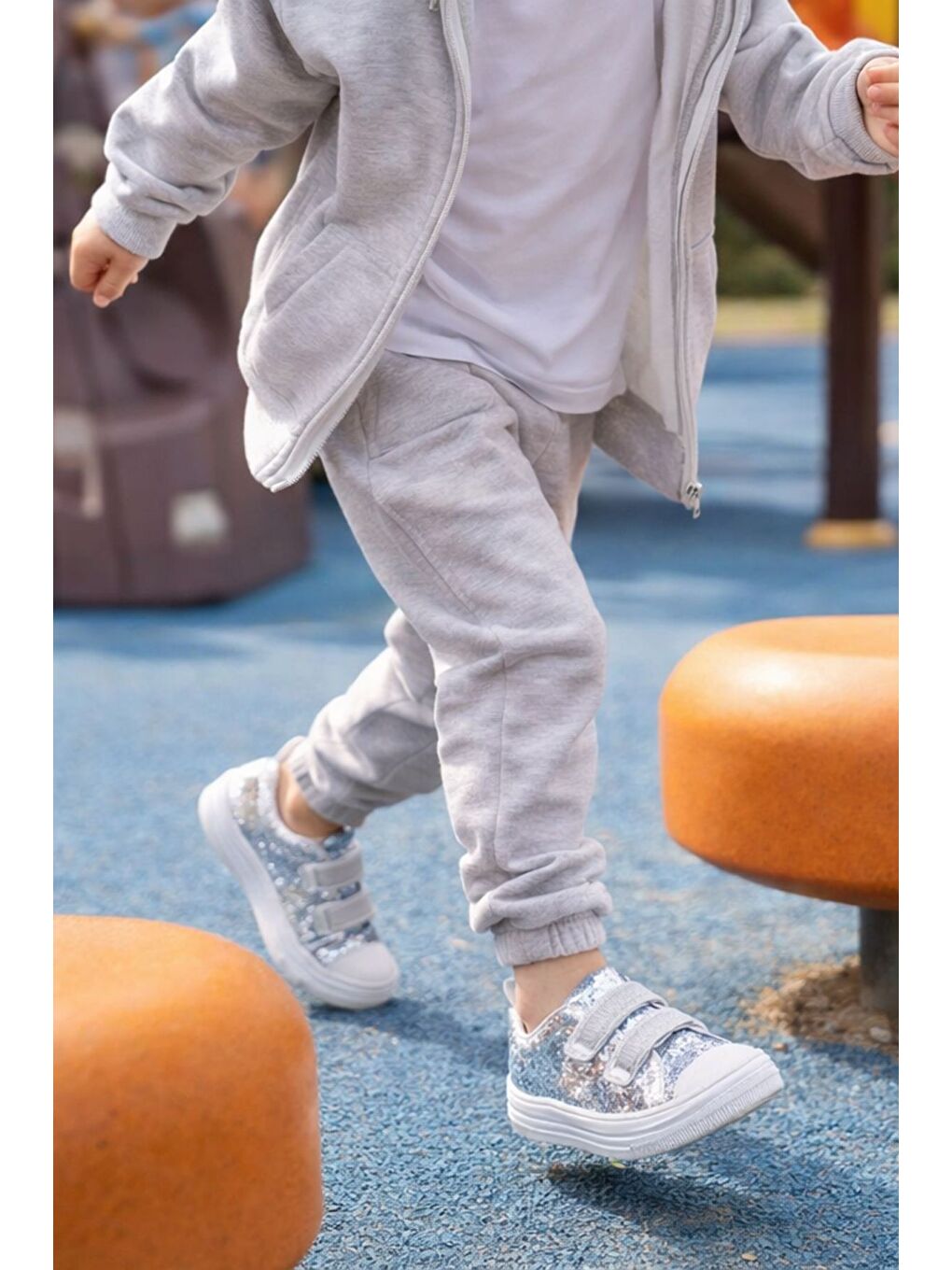 Gri ORİELLA Kız Çocuk Cırt Cırtlı Simli Günlük Sneaker Spor Ayakkabı-6