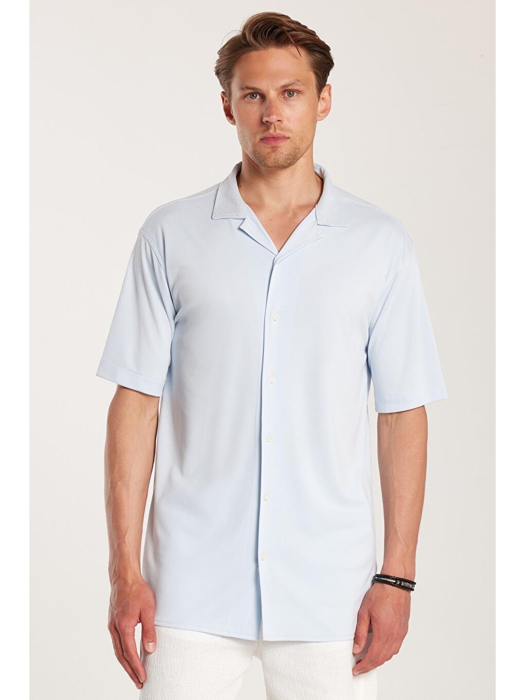 Erkek Relax Fit Modal Kumaş Örme Premium Seri Kısa Kol Apaş Yaka Mavi Gömlek-3