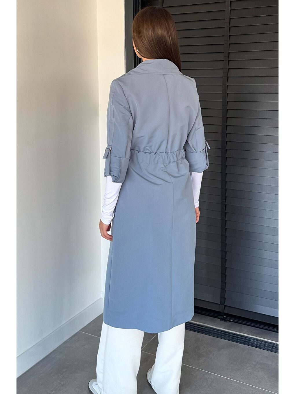 İndigo Bel Büzgülü Kuşaklı Kadın Trençkot-4