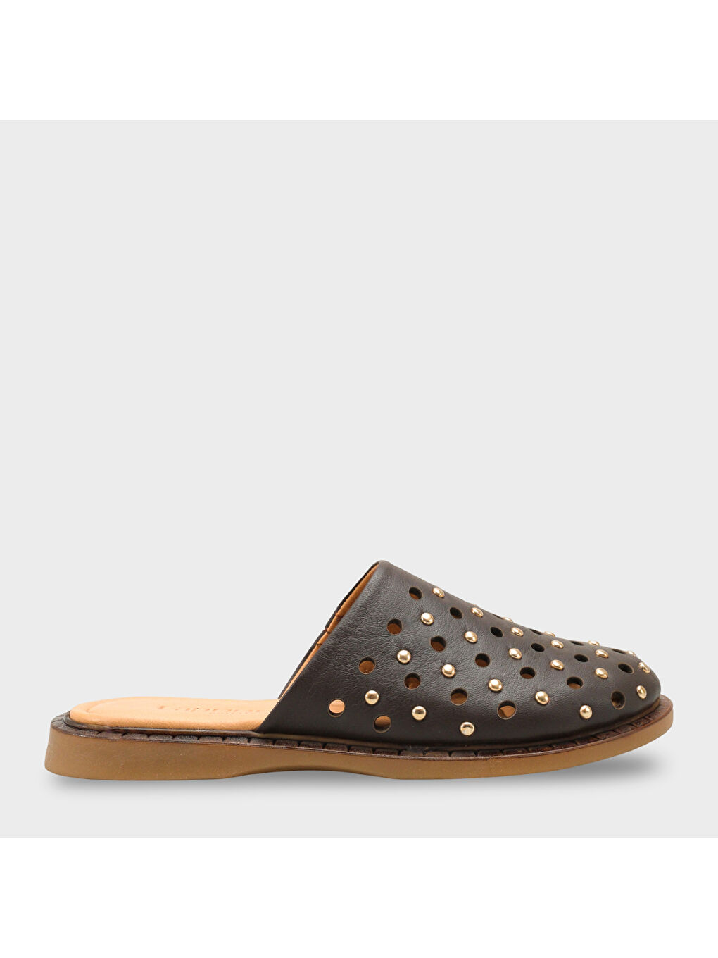 Kahverengi Lidia Hakiki Deri Düz Topuklu Zımbalı Kadın Sabo Terlik