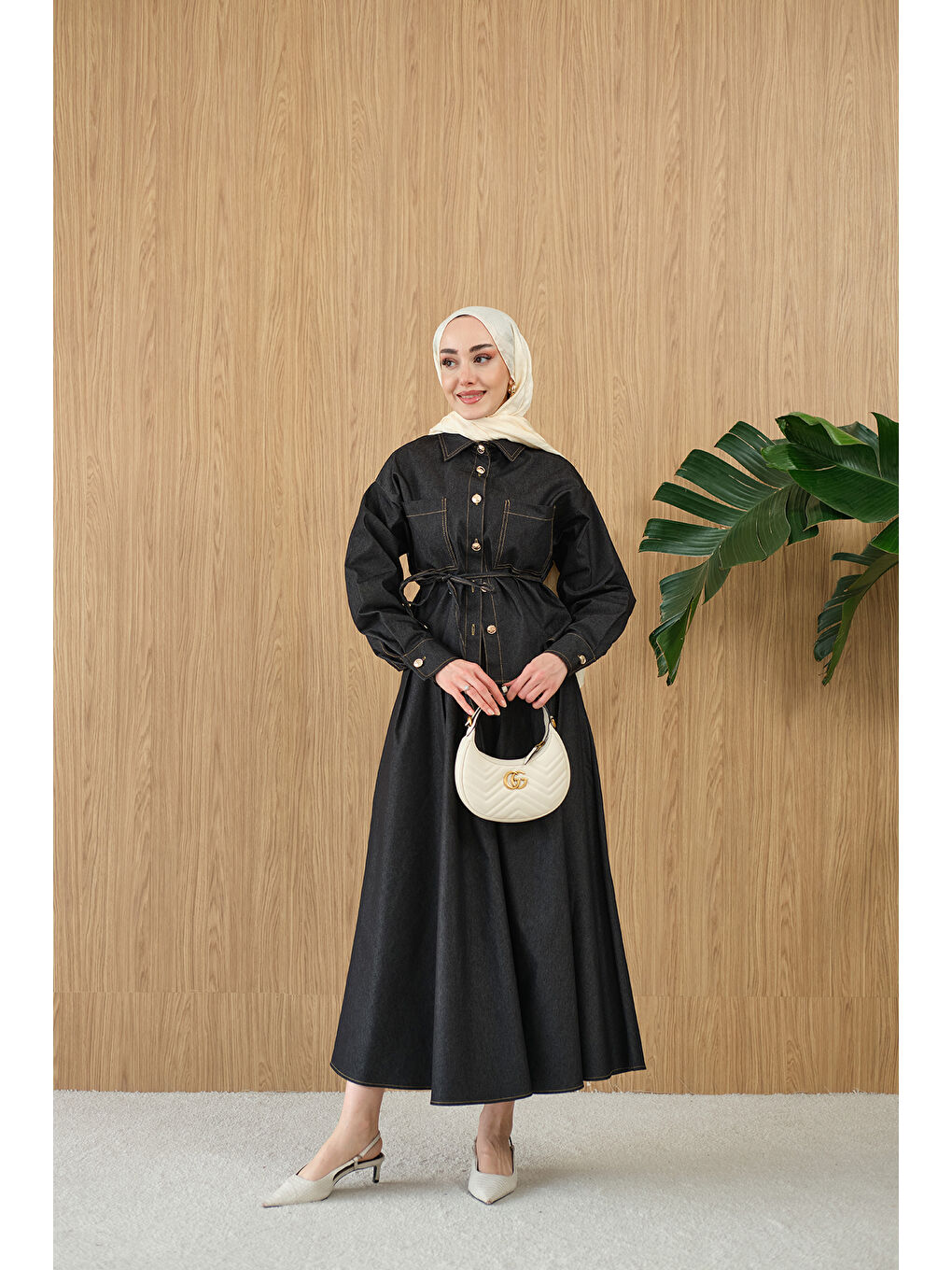 Gri Kadın Çift Cep Detay Bel Bağlamalı Jean Takım Füme-4