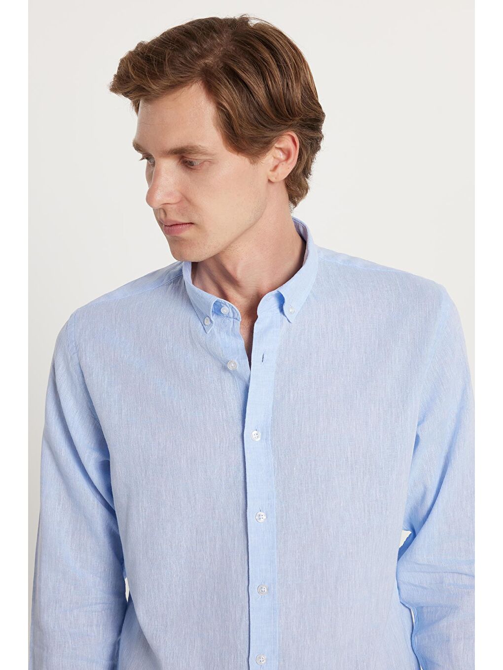 Erkek Slim Fit Dar Kesim Uzun Kollu Keten Premium Seri Düğmeli Yaka Spor Açık Mavi Gömlek-1