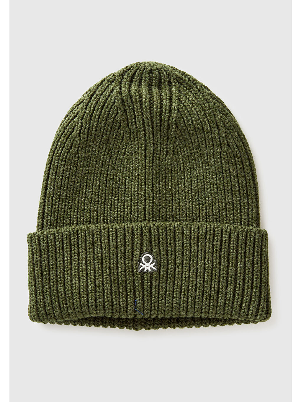 Erkek Haki Yeşilli Yün ve Akrilik Karışımlı Logo İşlemeli Ribana Katlamalı Bere