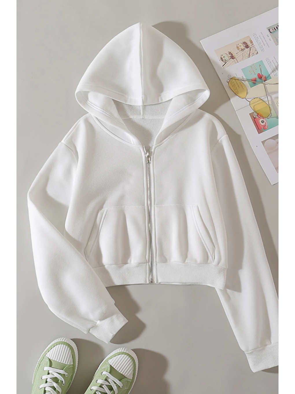 Kadın Kapüşonlu Şardonlu Beyaz Renk Crop Sweatshirt-6