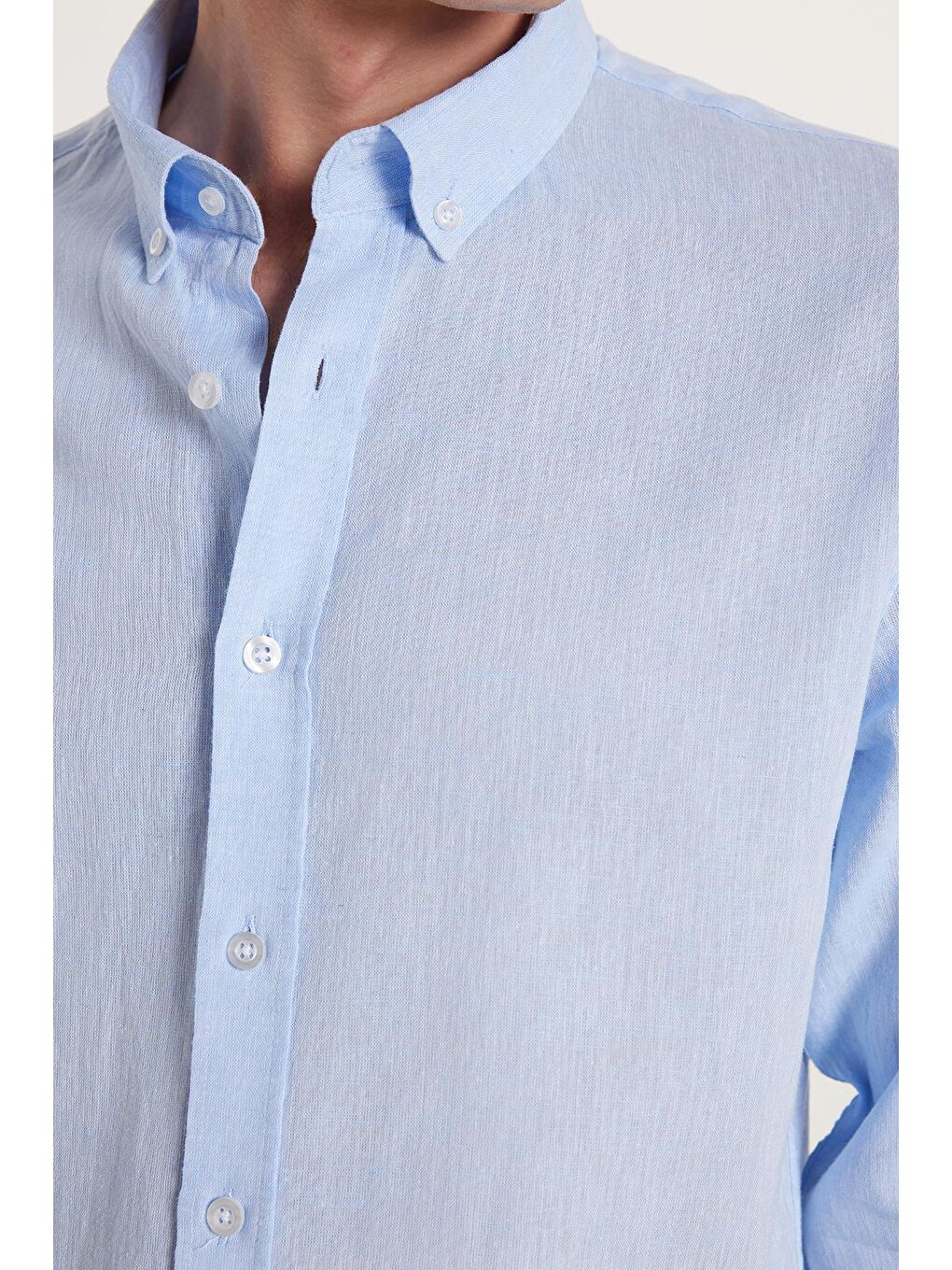 Erkek Slim Fit Dar Kesim Uzun Kollu Keten Premium Seri Düğmeli Yaka Spor Açık Mavi Gömlek-2