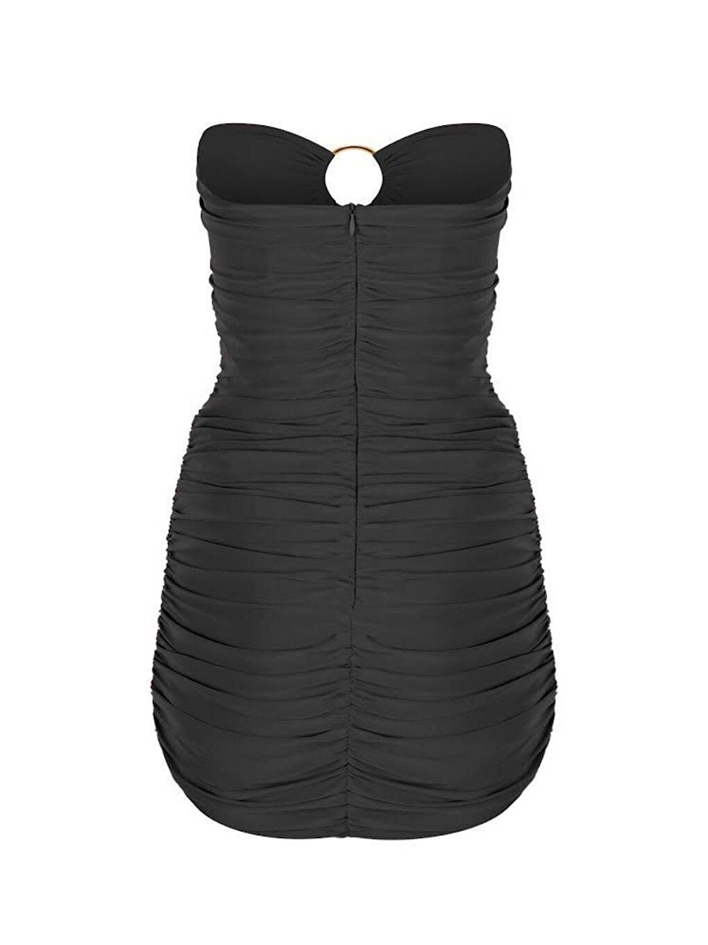 Siyah Göğüsten Altın Rengi Iki Halkalı Büzgü Straplez Drapeli Mini Abiye Elbise-1