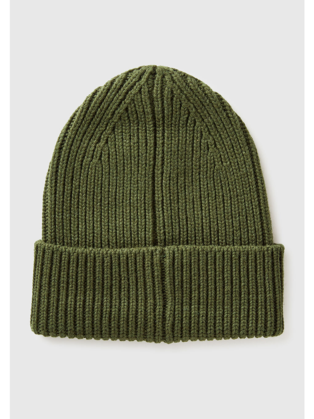 Erkek Haki Yeşilli Yün ve Akrilik Karışımlı Logo İşlemeli Ribana Katlamalı Bere-1