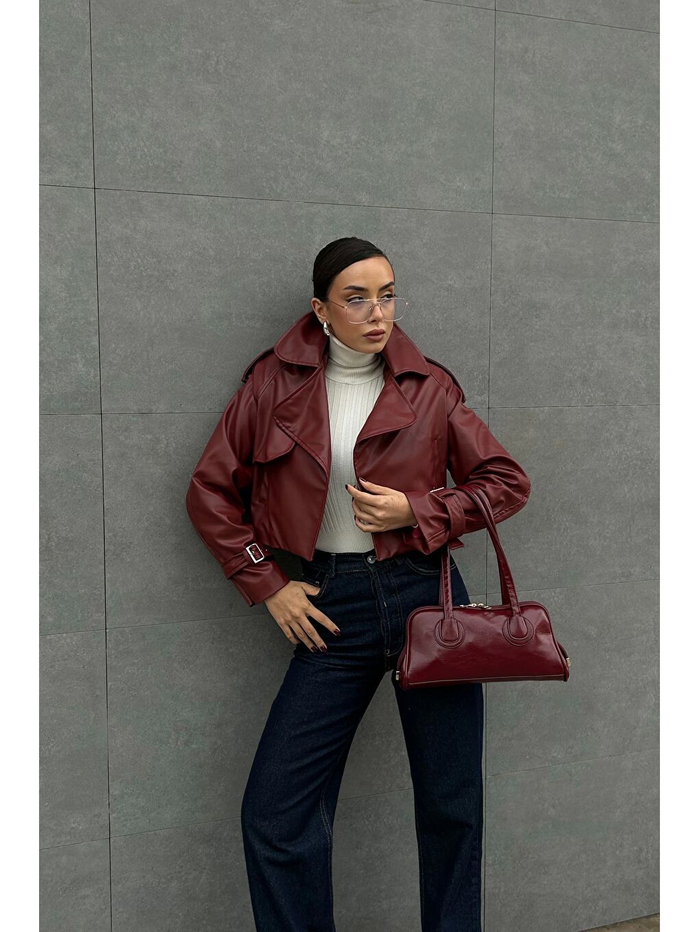 Kadın Bordo Crop Deri Ceket 0990-5055-2