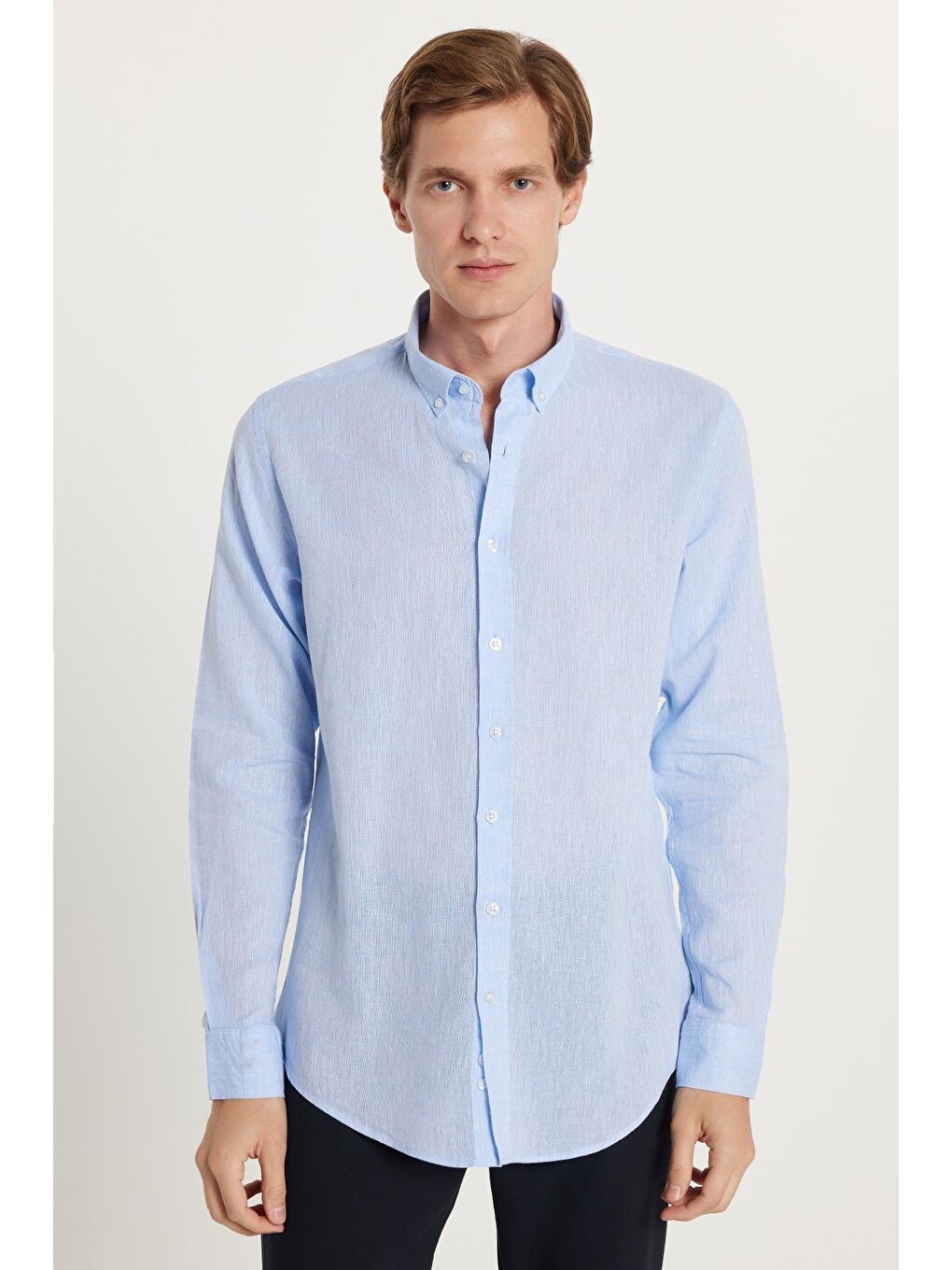 Erkek Slim Fit Dar Kesim Uzun Kollu Keten Premium Seri Düğmeli Yaka Spor Açık Mavi Gömlek-3