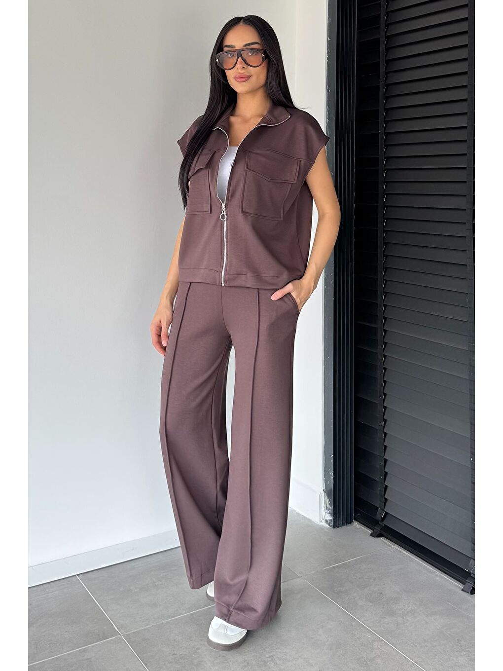 Kahverengi Kadın Çift Cepli Yelek Bel Lastikli Çimalı Palazzo Pantolon İkili Takım-1