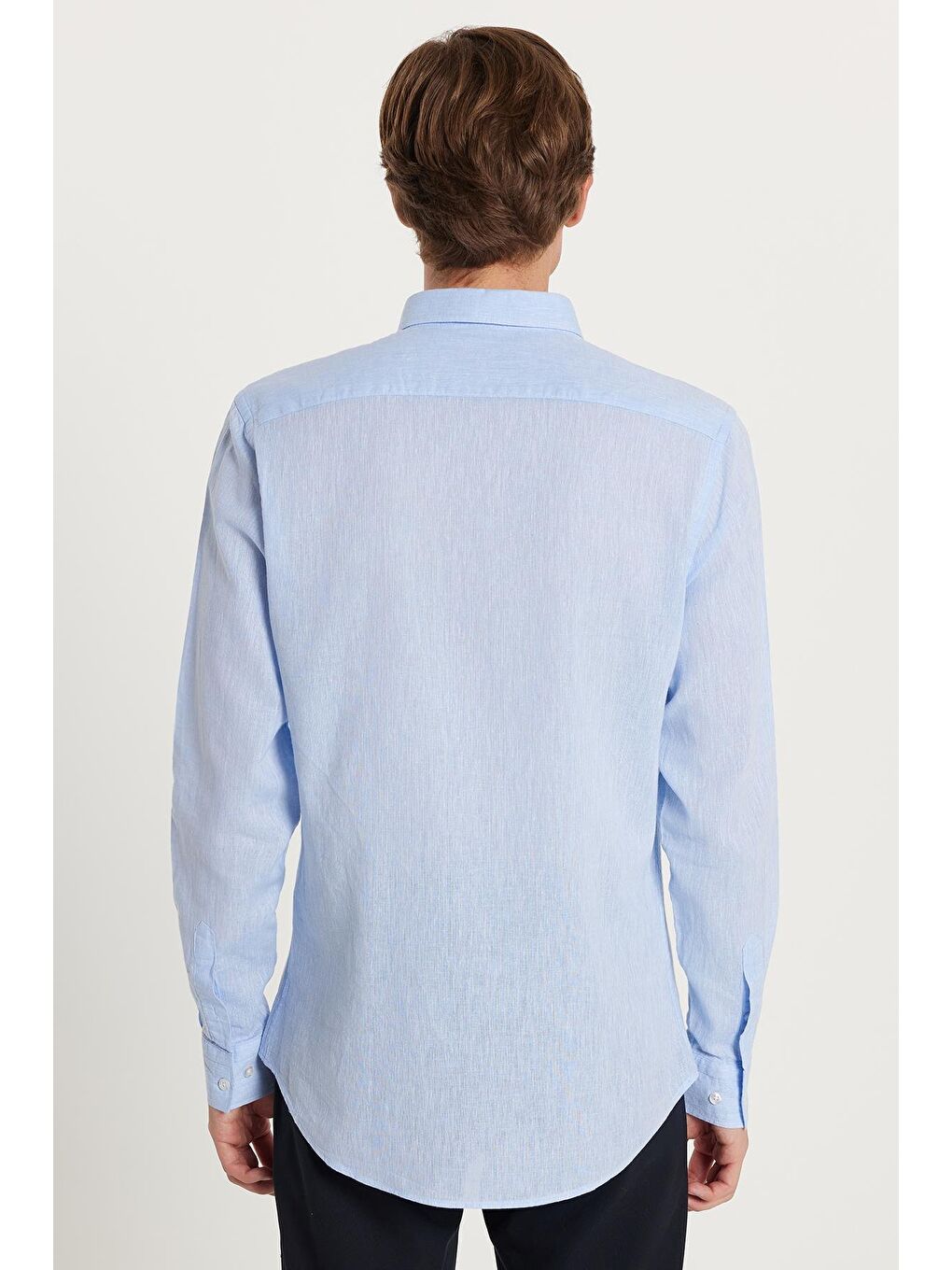 Erkek Slim Fit Dar Kesim Uzun Kollu Keten Premium Seri Düğmeli Yaka Spor Açık Mavi Gömlek-4