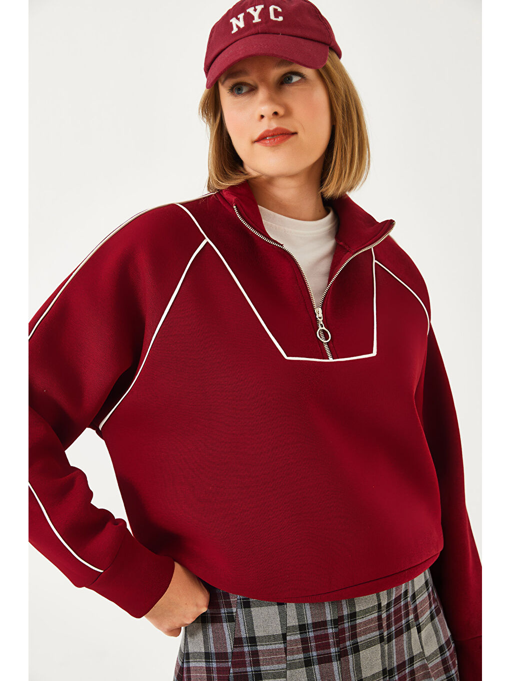 Bordo Kadın Yarım Fermuarlı Oversize Sweatshirt Mb-