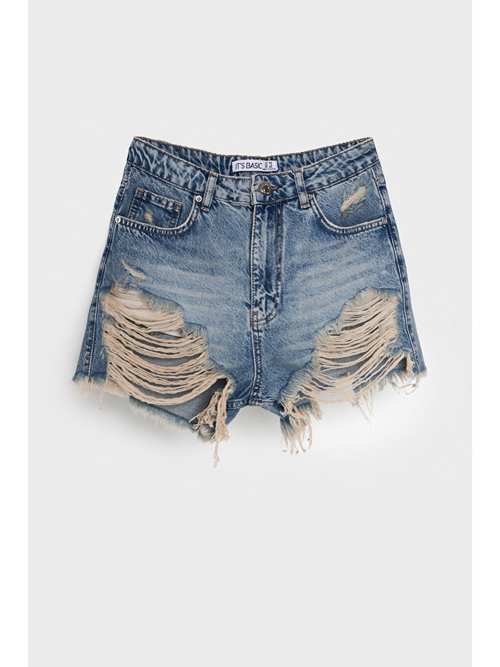 Mavi Kadın Jean Rengi 12s5-32 Mini Boy Yüksek Bel Curved Yırtık Detaylı Püsküllü %100 Pamuk Denim Şort-1