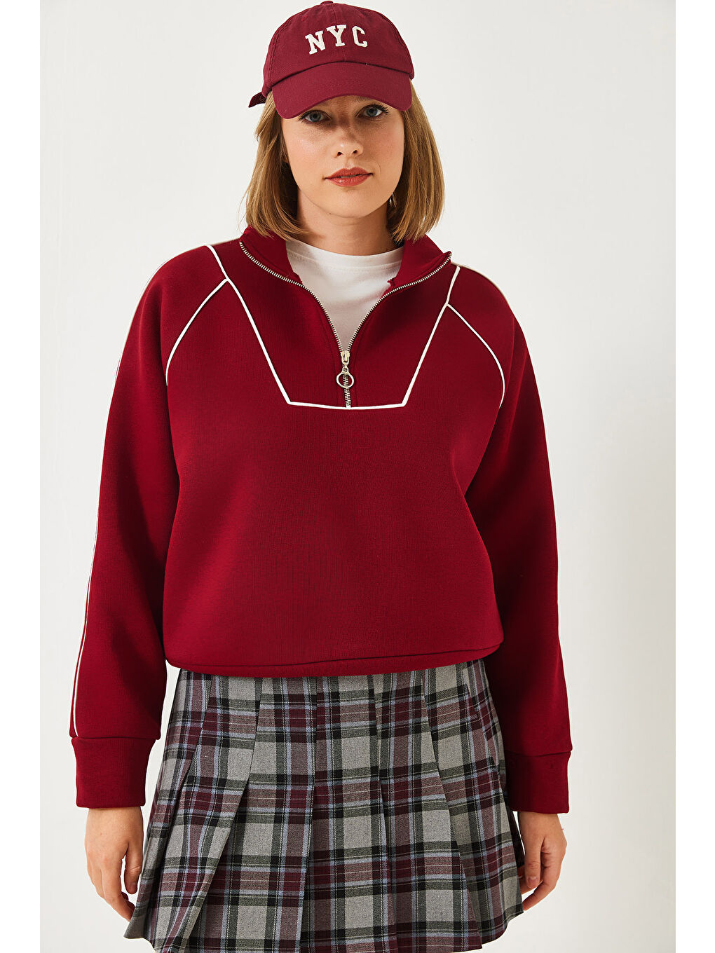 Bordo Kadın Yarım Fermuarlı Oversize Sweatshirt Mb--1