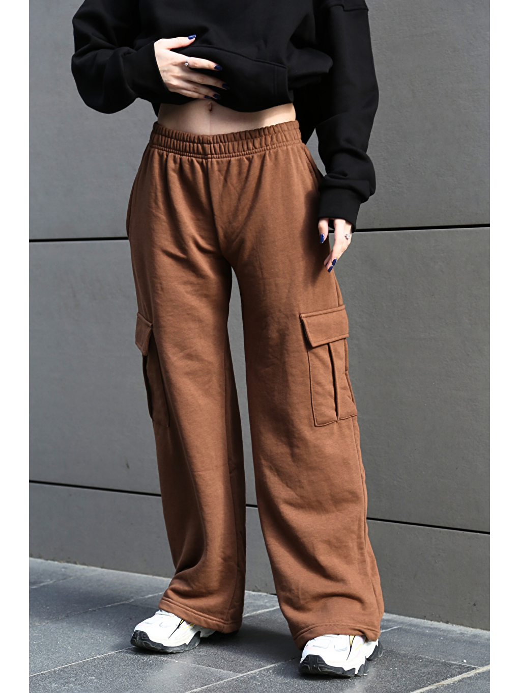 Kadın Kahverengi Geniş Paça Kargo Cepli Eşofman Altı Mg1615-1