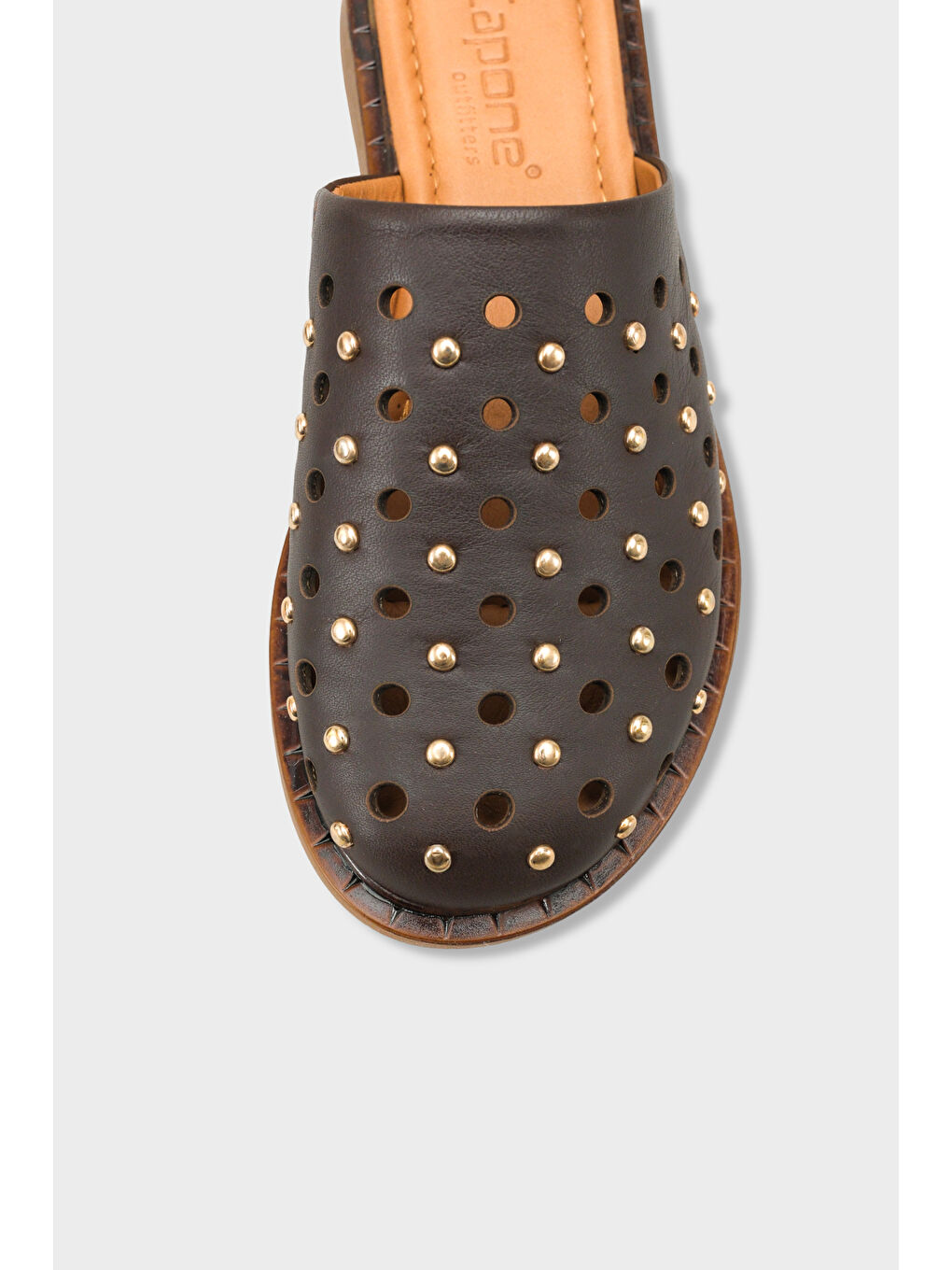 Kahverengi Lidia Hakiki Deri Düz Topuklu Zımbalı Kadın Sabo Terlik-2