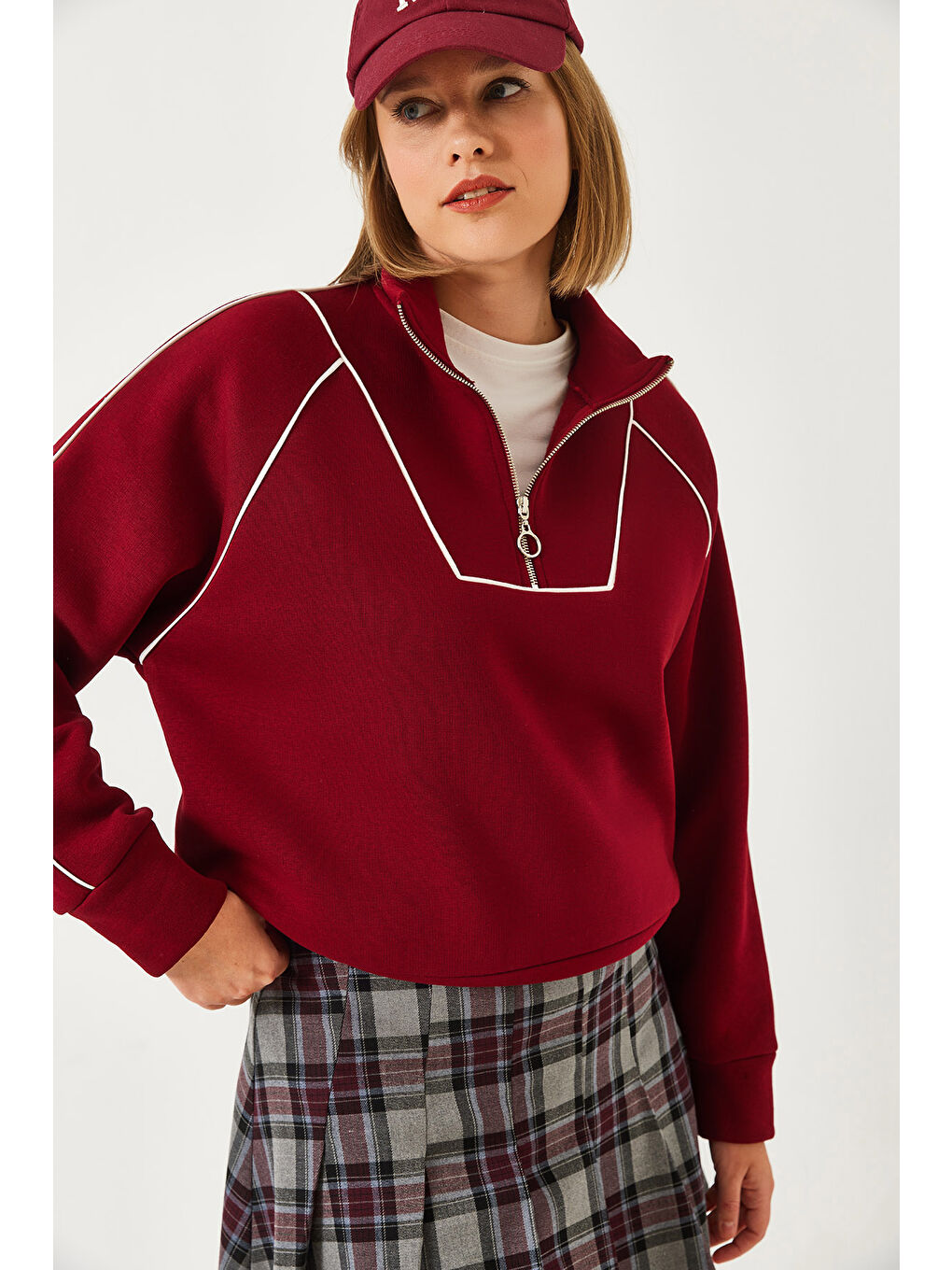 Bordo Kadın Yarım Fermuarlı Oversize Sweatshirt Mb--2