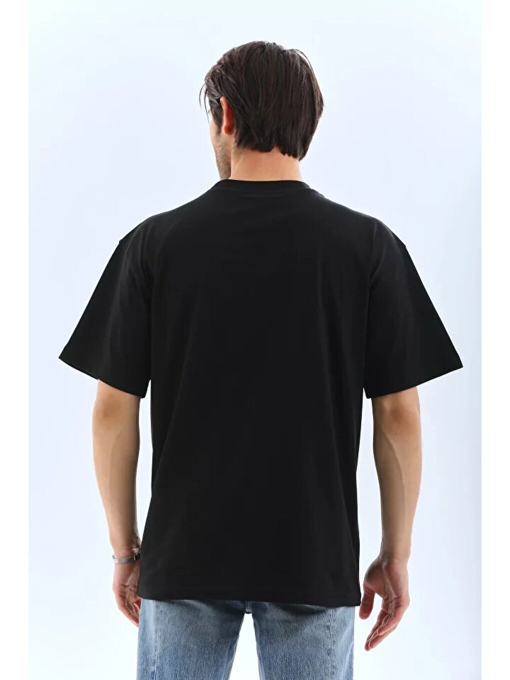 Unisex Oversize Düz Bisiklet Yaka T-Shirt - Siyah-1