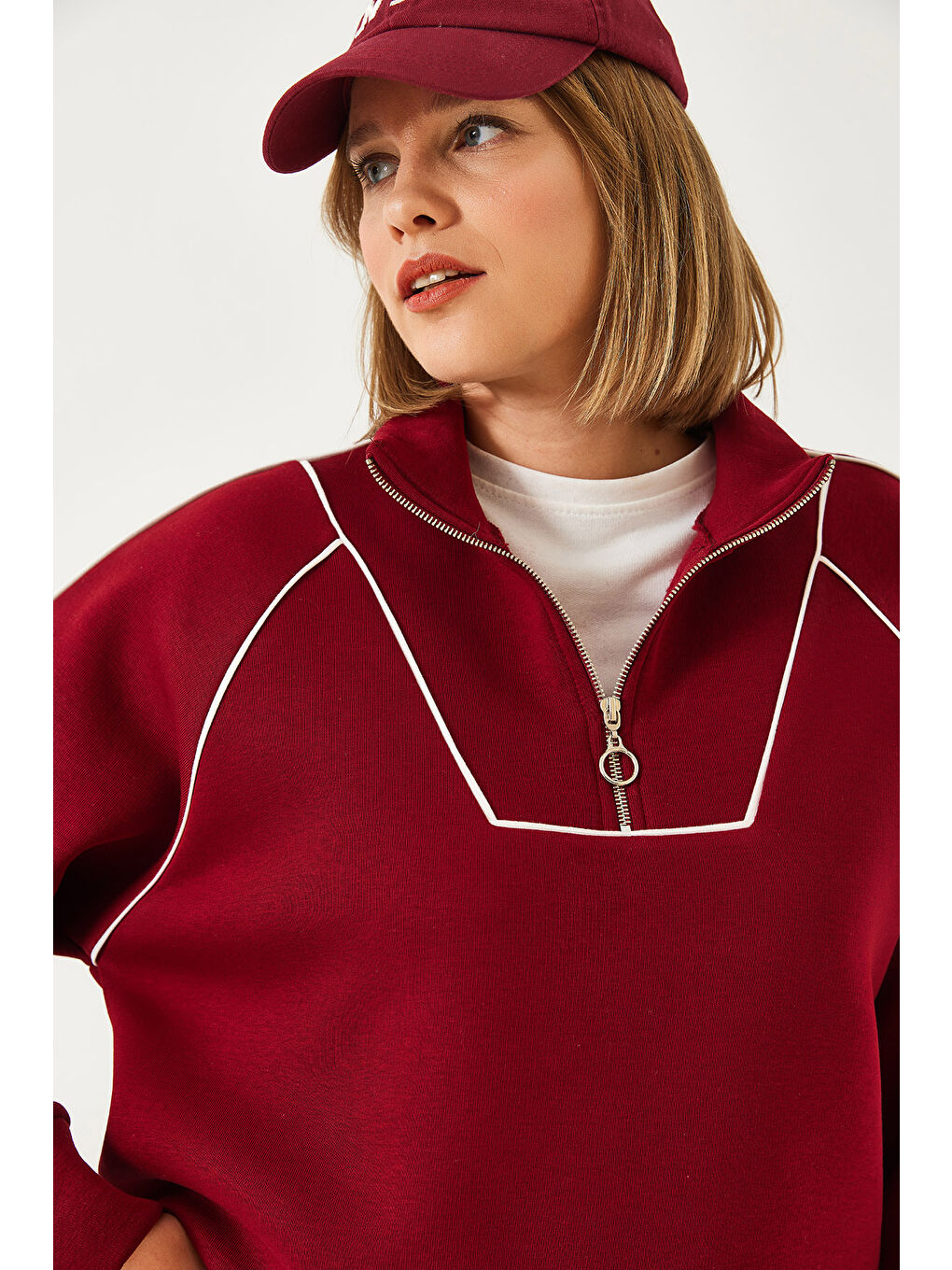 Bordo Kadın Yarım Fermuarlı Oversize Sweatshirt Mb--3