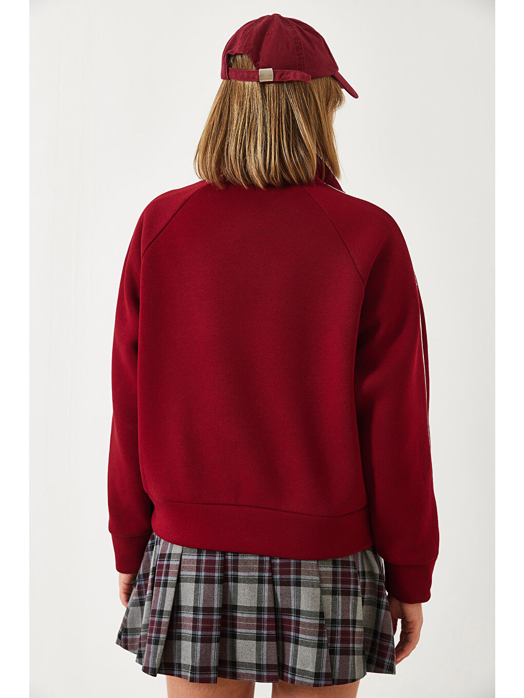 Bordo Kadın Yarım Fermuarlı Oversize Sweatshirt Mb--4