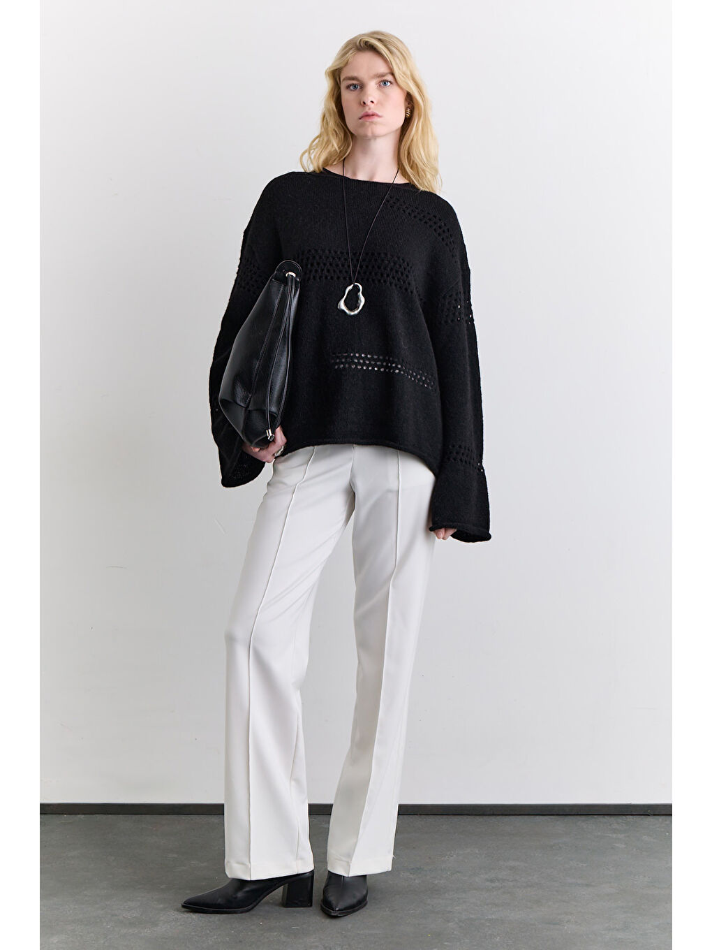 Ajur Örgü Triko Kazak Siyah