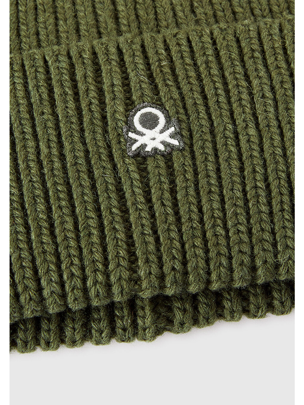 Erkek Haki Yeşilli Yün ve Akrilik Karışımlı Logo İşlemeli Ribana Katlamalı Bere-2