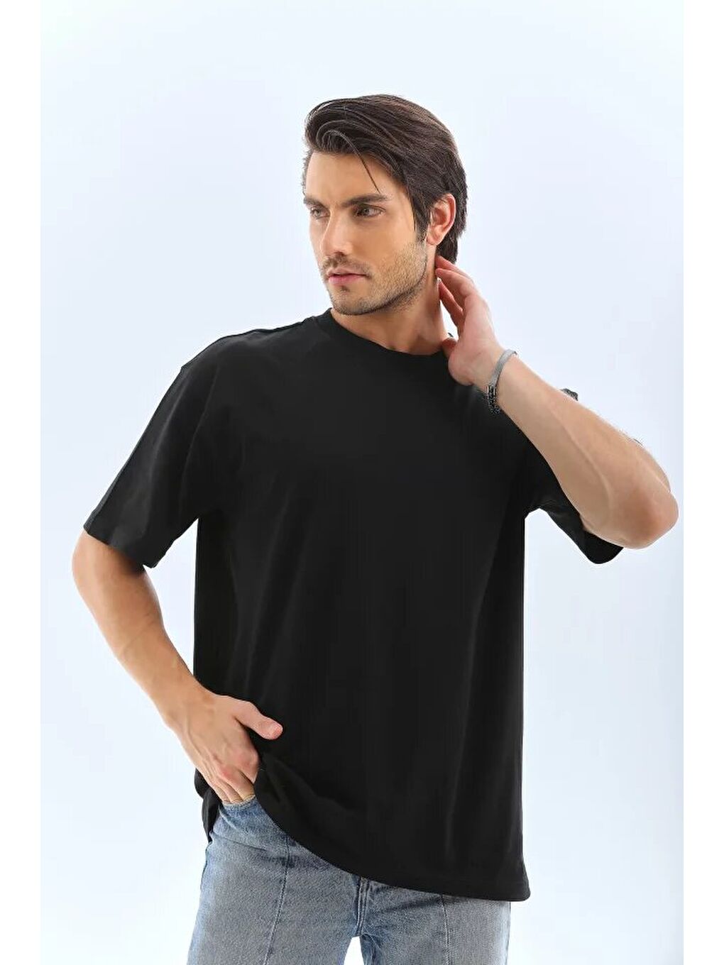 Unisex Oversize Düz Bisiklet Yaka T-Shirt - Siyah-3