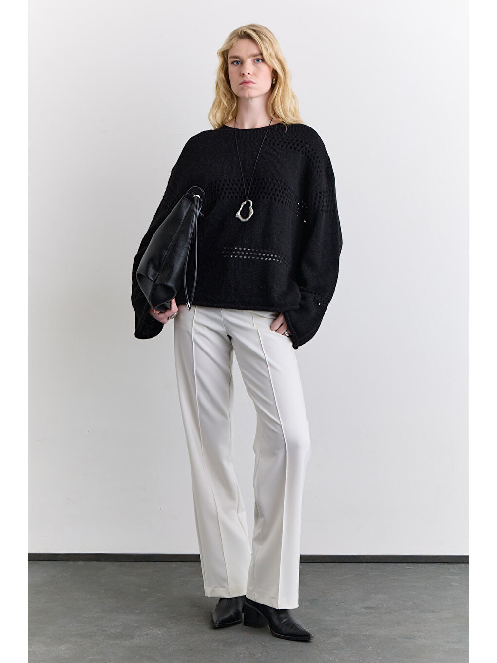 Ajur Örgü Triko Kazak Siyah-1