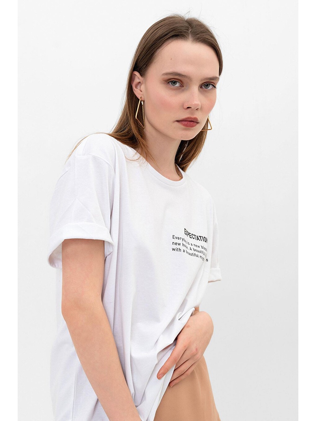 Beyaz Expectation Baskılı Oversize %100 Pamuk Kadın Tişört