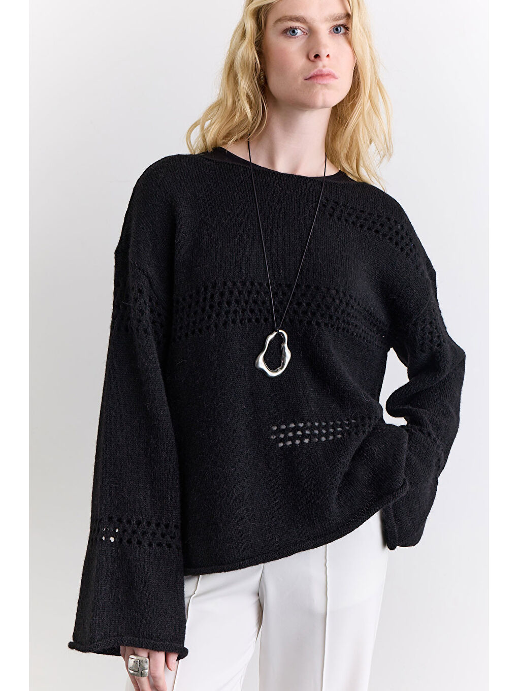 Ajur Örgü Triko Kazak Siyah-2