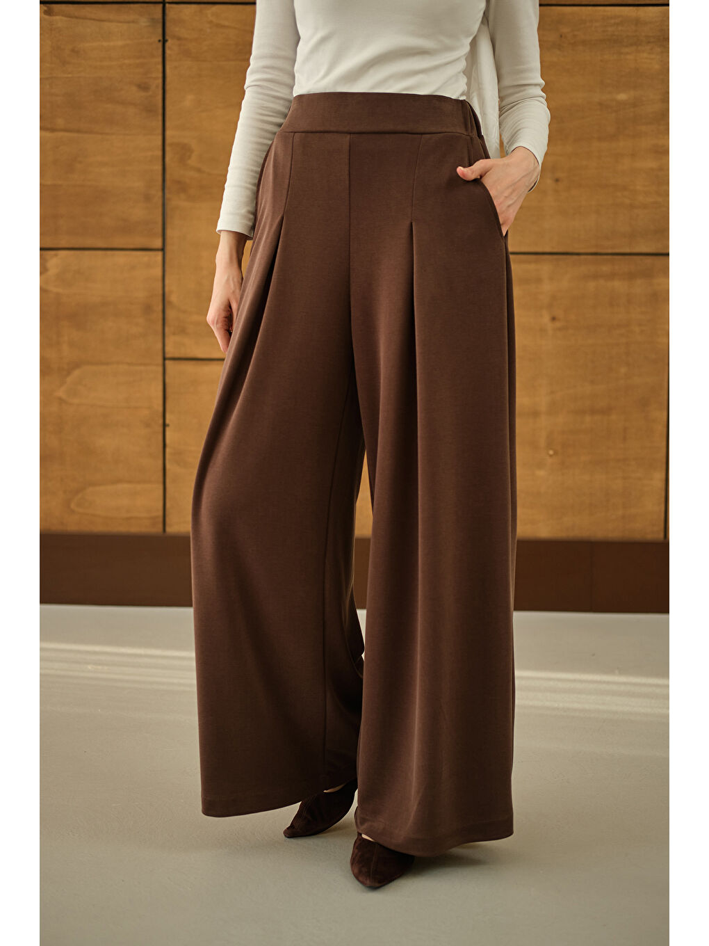 Kadın Bol Paça Pantolon Kahverengi-1
