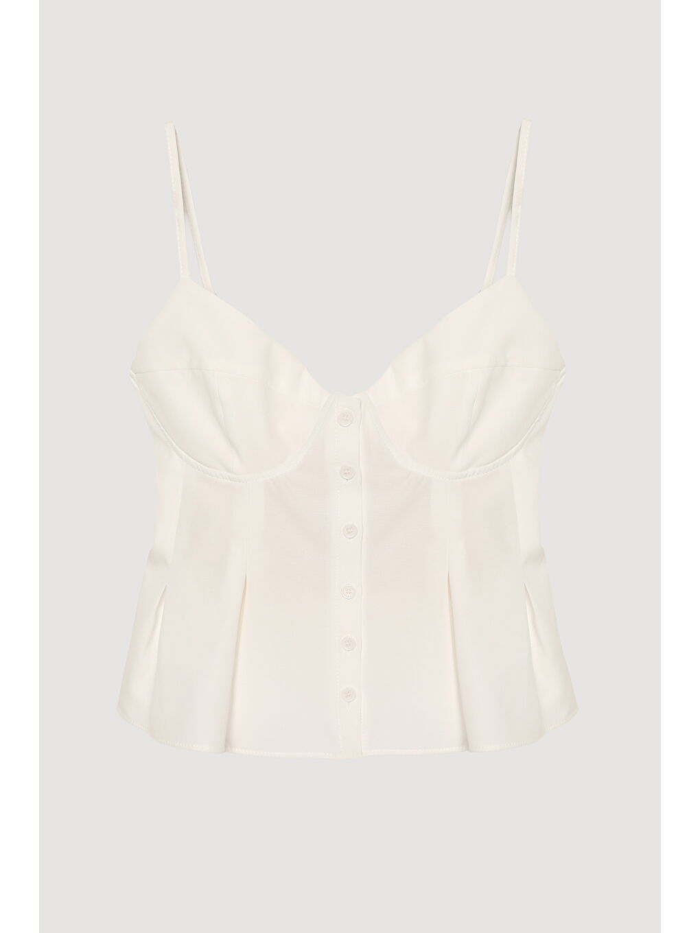 Pile Detaylı Düğmeli İnce Askılı Bluz Ekru-1