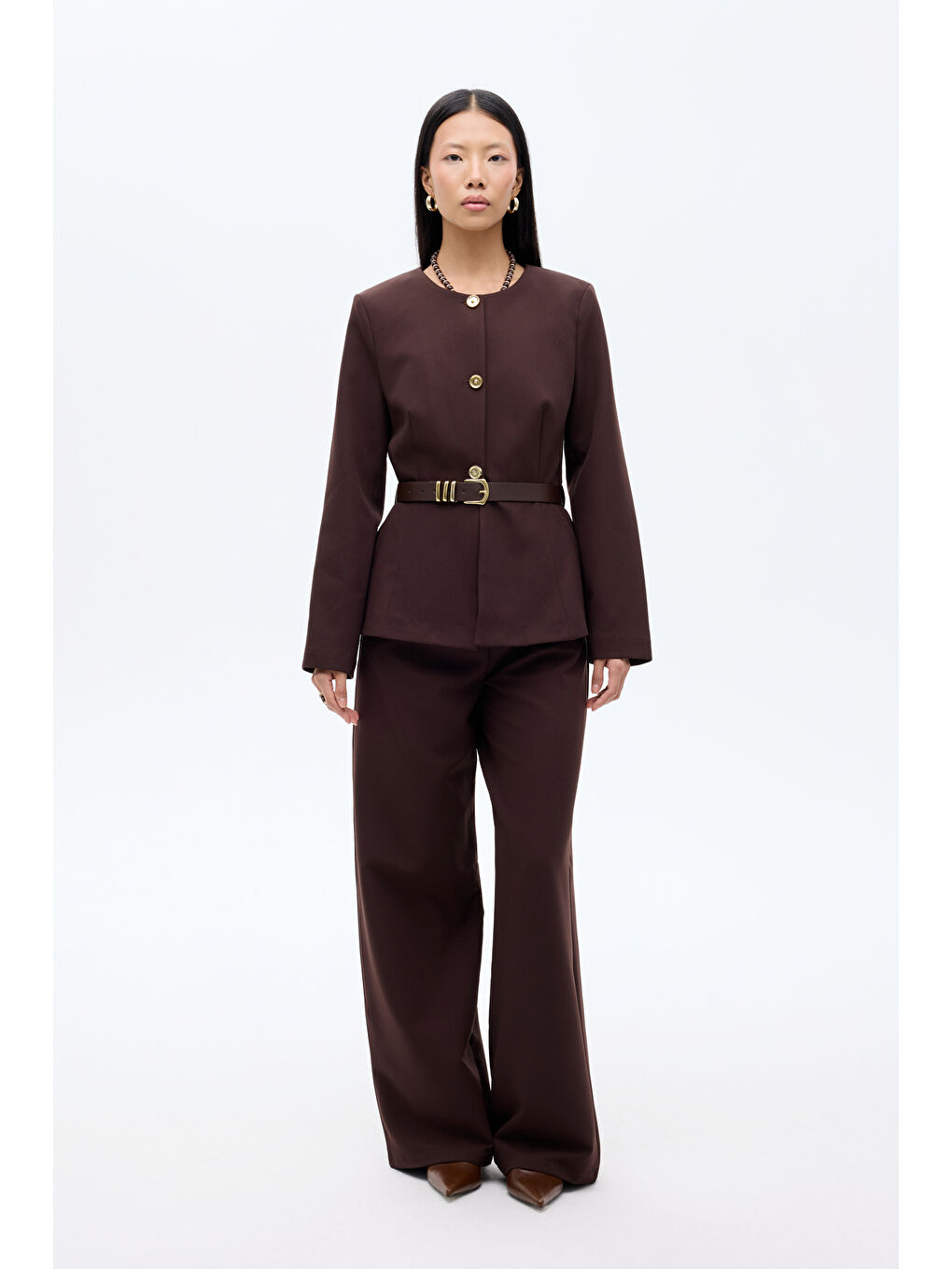 Kahverengi Kemer Aksesuarlı Yuvarlak Yaka Ceket Koyu Kahve-2