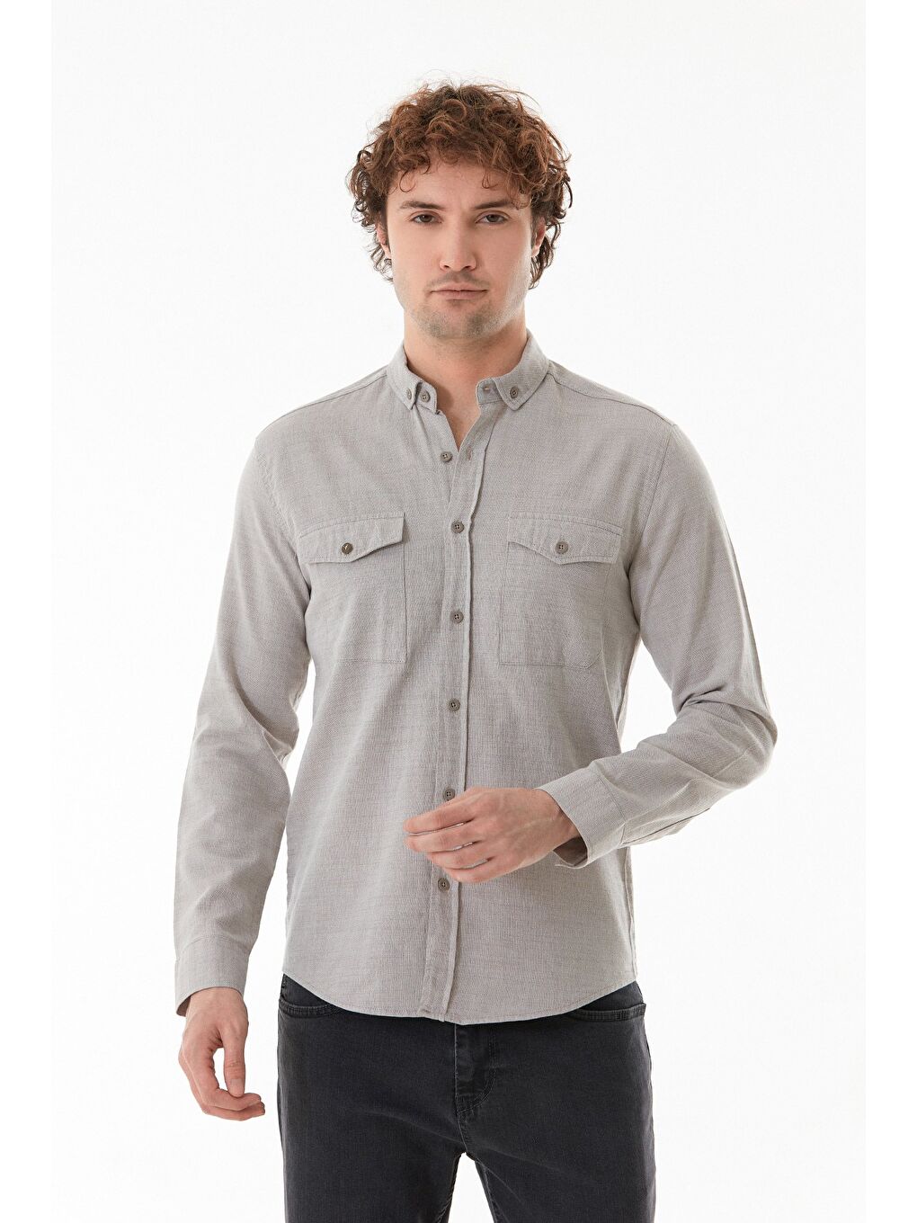 Bej Çift Cepli Düğmeli Gömlek