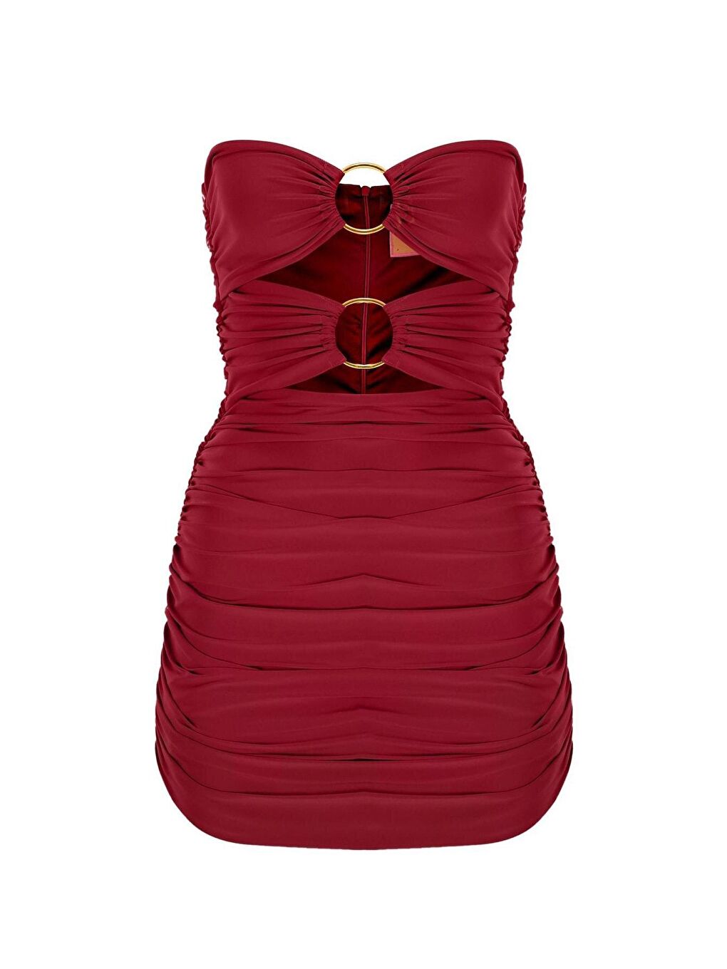 Bordo Göğüsten Altın Rengi Iki Halkalı Büzgü Straplez Drapeli Mini Abiye Elbise