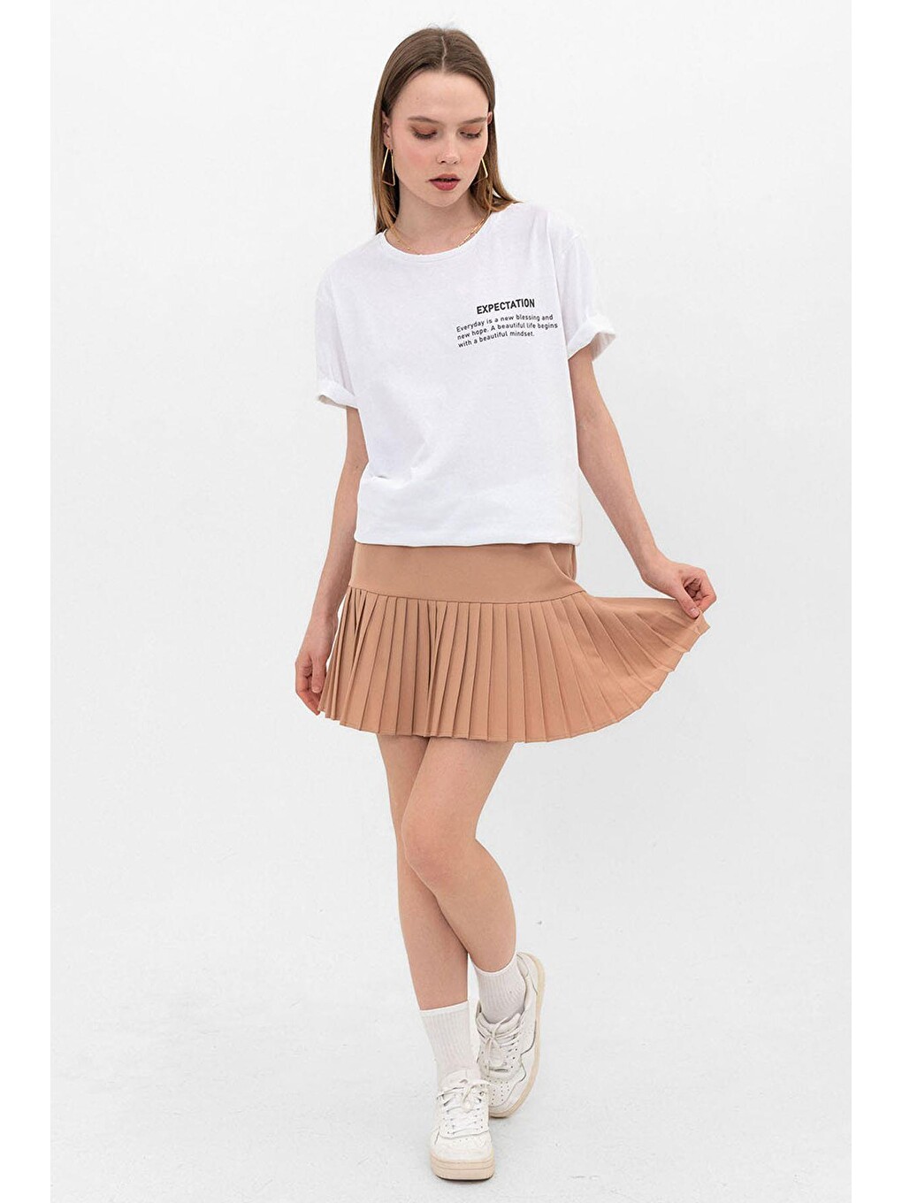 Beyaz Expectation Baskılı Oversize %100 Pamuk Kadın Tişört-2