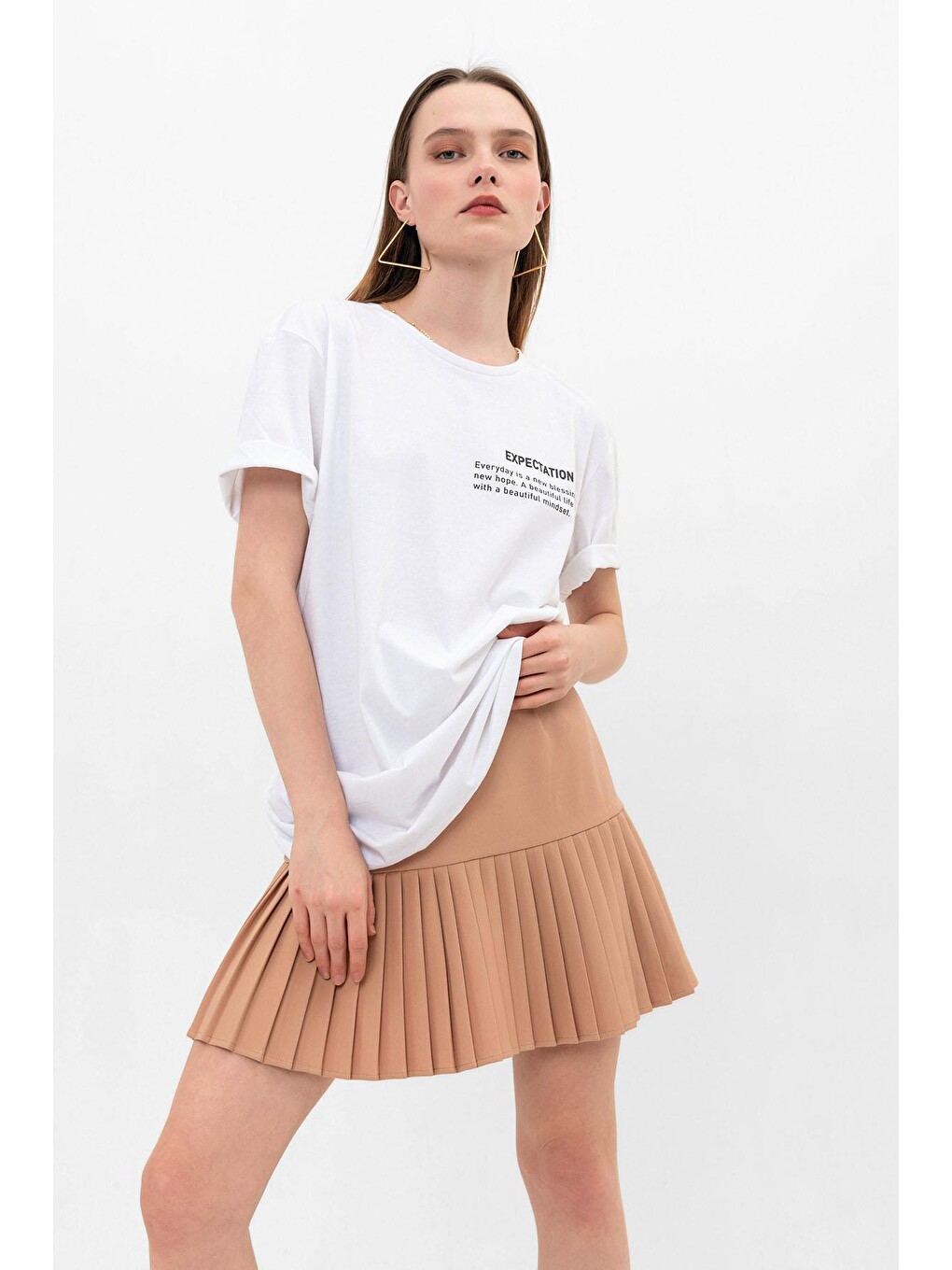 Beyaz Expectation Baskılı Oversize %100 Pamuk Kadın Tişört-3