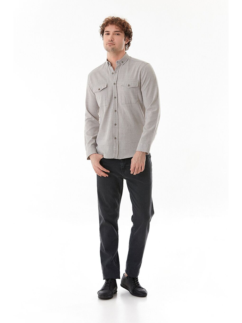 Bej Çift Cepli Düğmeli Gömlek-1