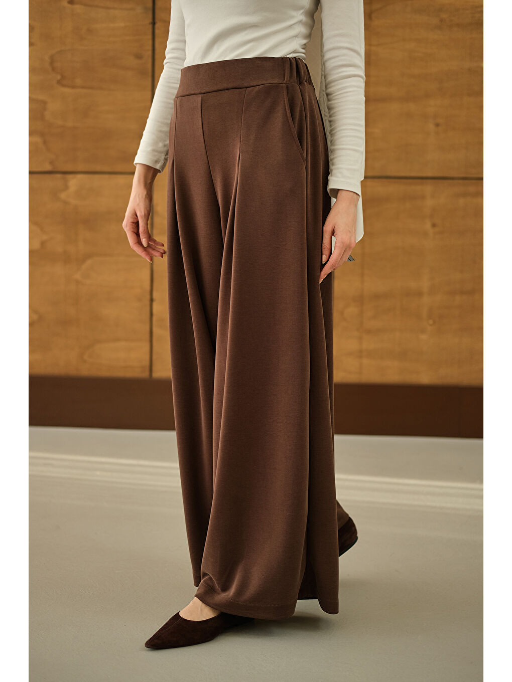 Kadın Bol Paça Pantolon Kahverengi-2