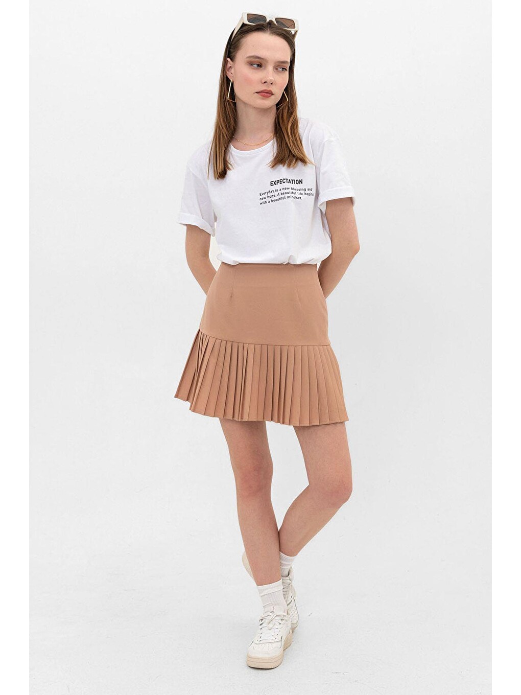 Beyaz Expectation Baskılı Oversize %100 Pamuk Kadın Tişört-4