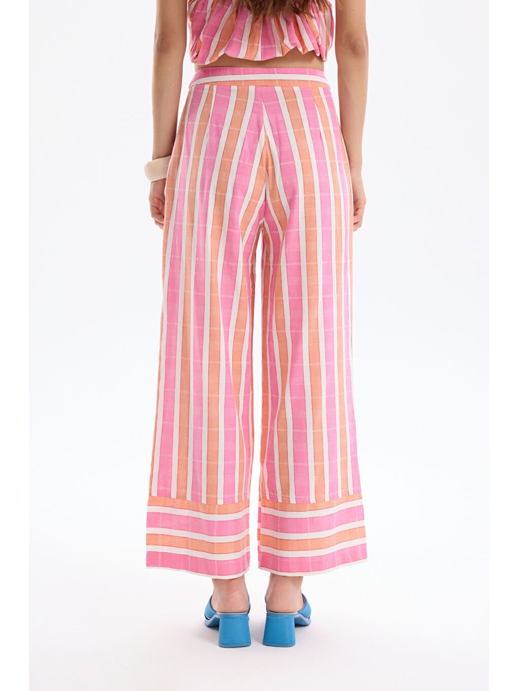 Renkli Çizgili Yüksek Bel Pantolon Pembe-4