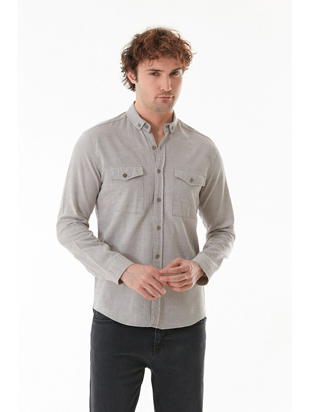 Bej Çift Cepli Düğmeli Gömlek-2