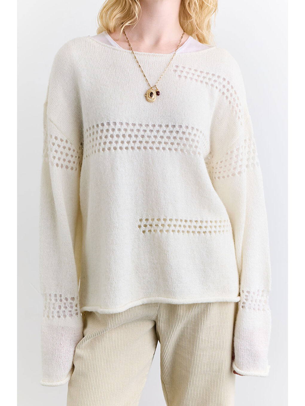 Ajur Örgü Triko Kazak Ekru-5