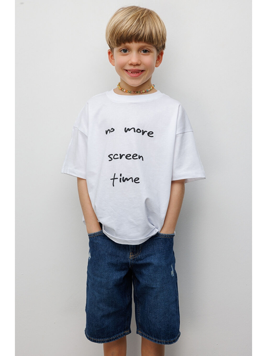 Beyaz Motto Baskılı Çocuk Tişört-1