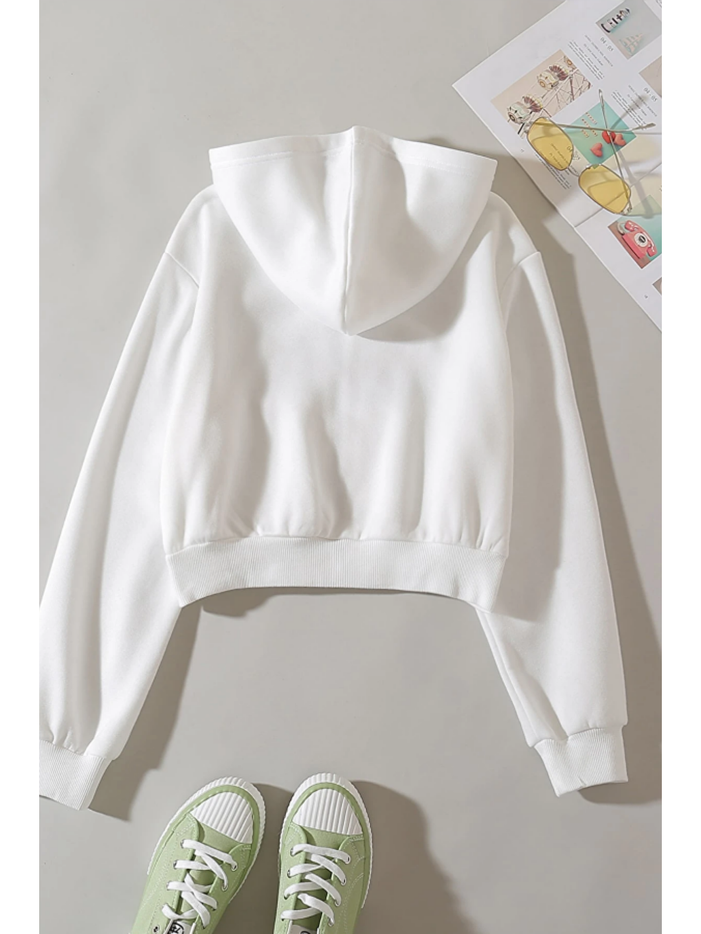 Kadın Kapüşonlu Şardonlu Beyaz Renk Crop Sweatshirt-7